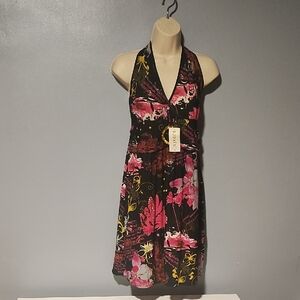 Bodafa Women's Black and Pink Floral Midi Dress Size Medium